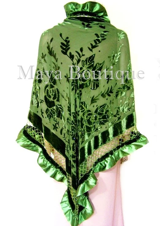 Mantón de seda envolvente con cuentas Burnout terciopelo verde triángulo volantes satinados Maya Matazaro Foto 3 de 4