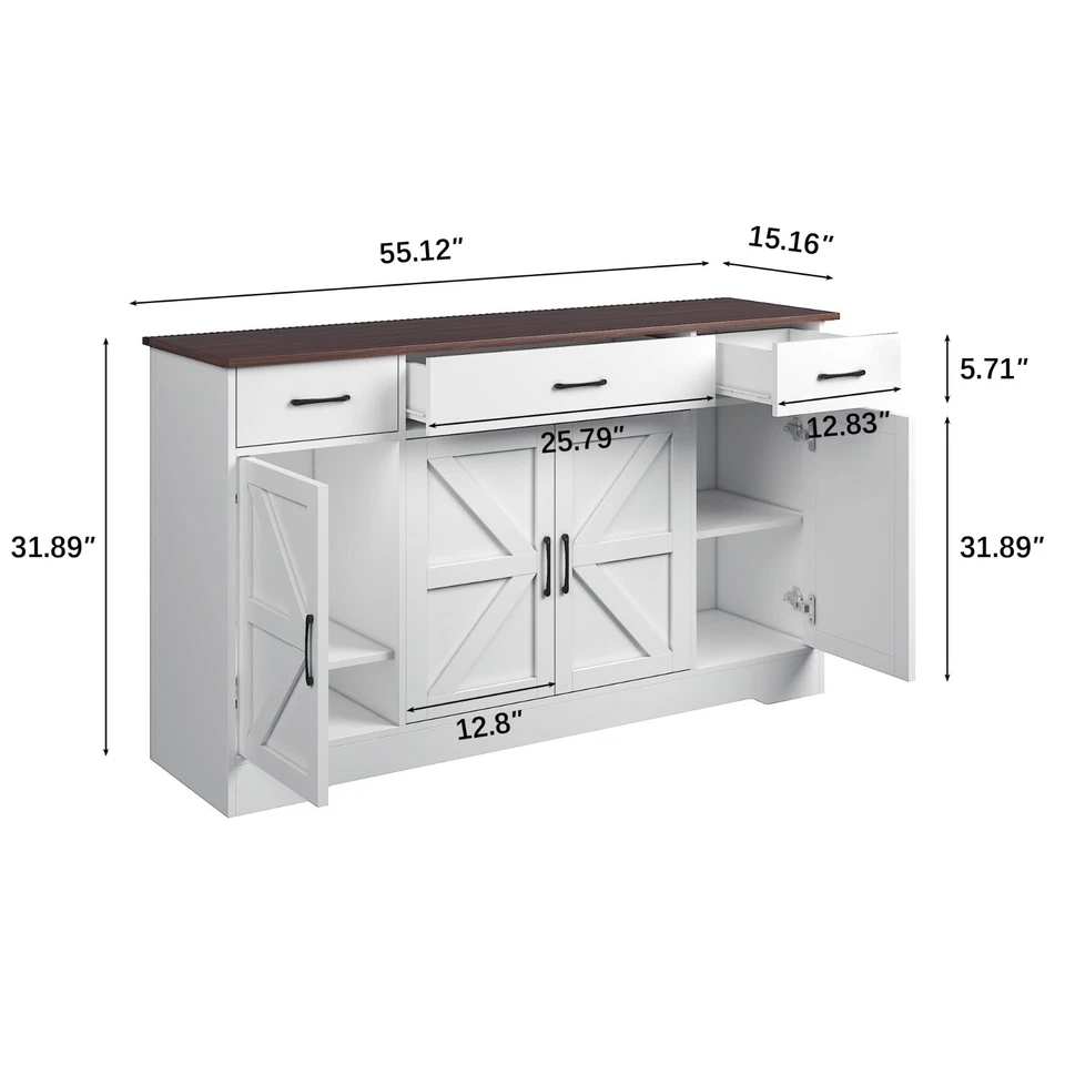 55" Sideboard Buffet Cabinet with Storage with 4 Doors, 3 Drawers and Shelves - Image 3 of 4