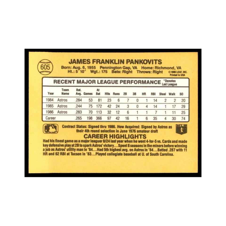 1987 Donruss Jim Pankovits Baseball Cards #605 - Image 2 of 3