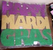 Happy Mardi Gras Purple Green Gold Glitter Sign 18 x 19.5 Plaque Banner Foam