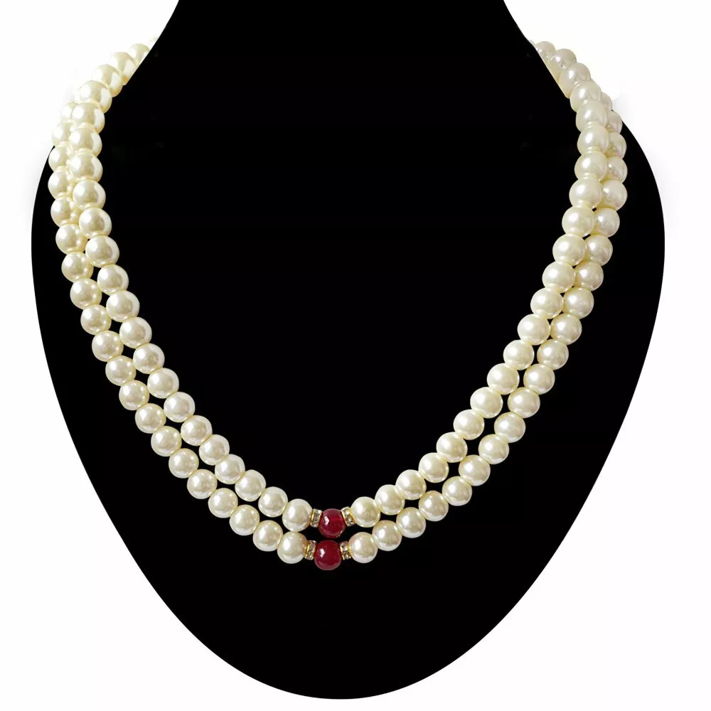 Indian Bollywood 2 Line White Shell Pearl and Red Stone Necklace