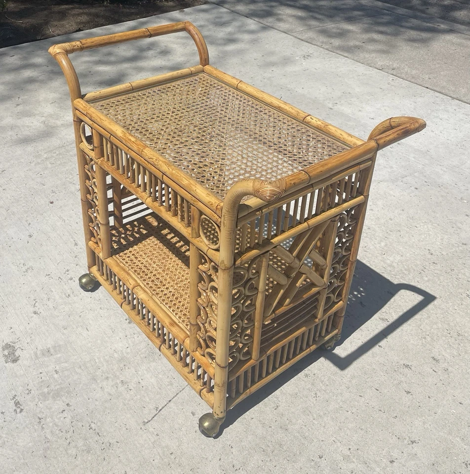 70s Vintage Rattan Brighton Chippendale Style Bar Cart, 2 Tier, USHIP  delivery! - Image 3 of 4
