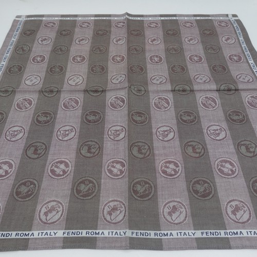 HK146- FENDI Roma Italy Vintage Handkerchief 17.5” Brown Stripe Medallion Logo - Picture 7 of 8