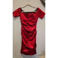 Nicole Miller Dress Womens Size 6 Red Jacquard Ruched Bodycon Midi