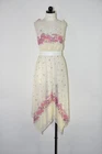 70s Vintage White Rose Floral Sheer Spaghetti Straps Handkerchief Hem Dress S M