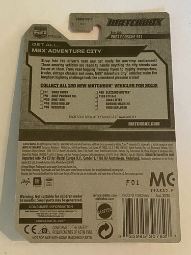 2012 MATCHBOX MBX ADVENTURE CITY 2007 PORSCHE 911 WHITE 8 OF 120 - Picture 3 of 3