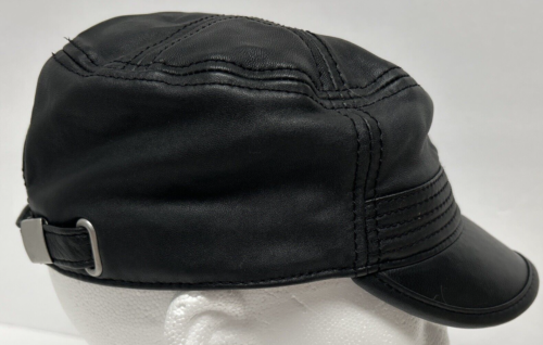 Black Genuine Leather Biker Motorcycle Adjustable Buckle Flat Cadet Hat Cap - Picture 1 of 9