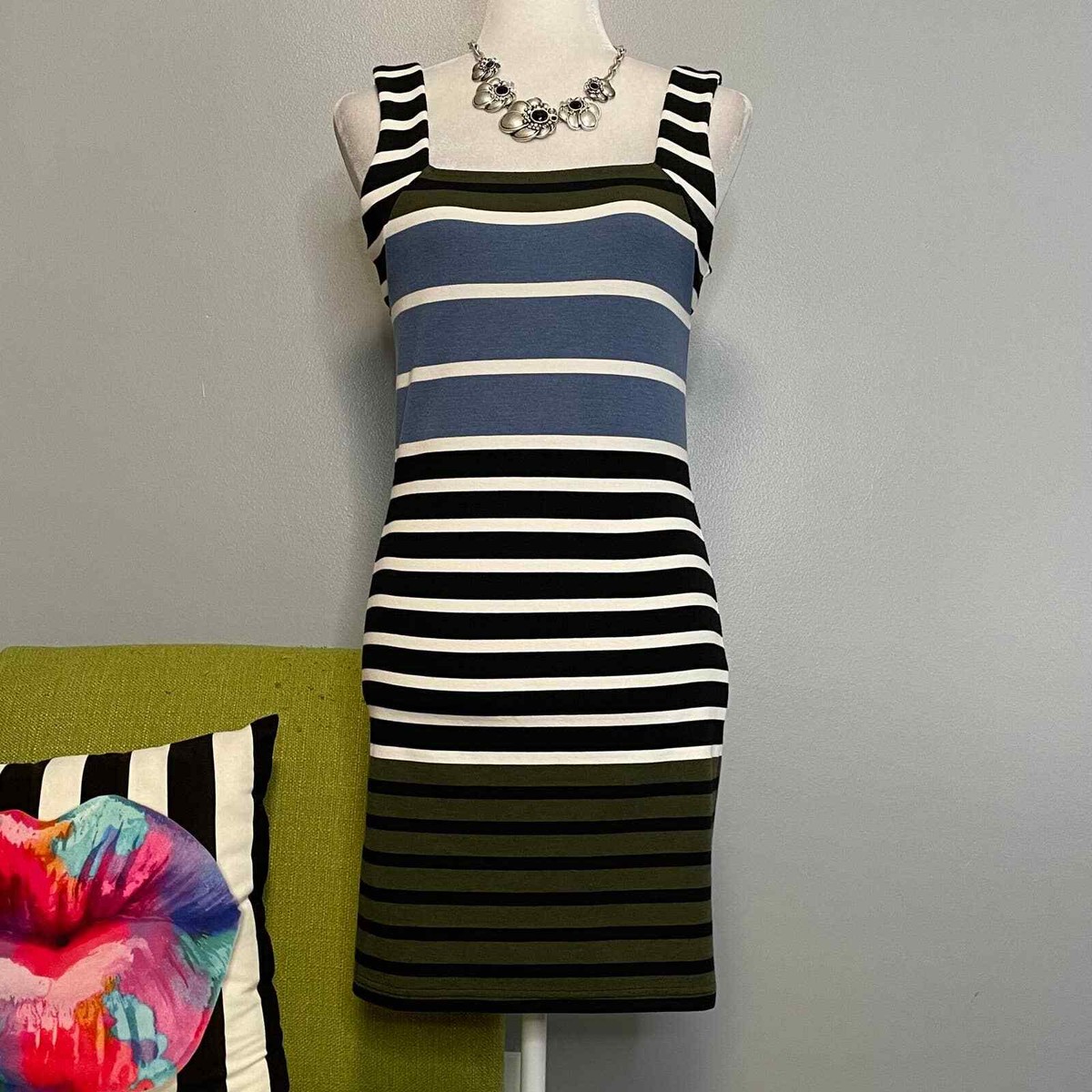 topshop striped bodycon dress TOPSHOP Striped Knit Bodycon Mini Dress 6 Black White Blue Green