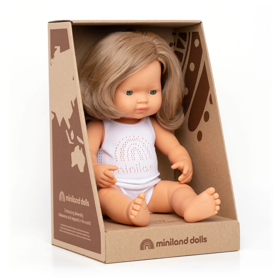 Miniland Baby Doll - Caucasian Dark Blonde Girl 38cm Miniland Baby Doll - Caucasian Dark Blonde Girl 38cm