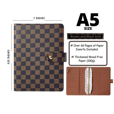   Luxury Checkered Agenda Binder Planner Journal Gift A5[Brown Brown Gold-Ring]