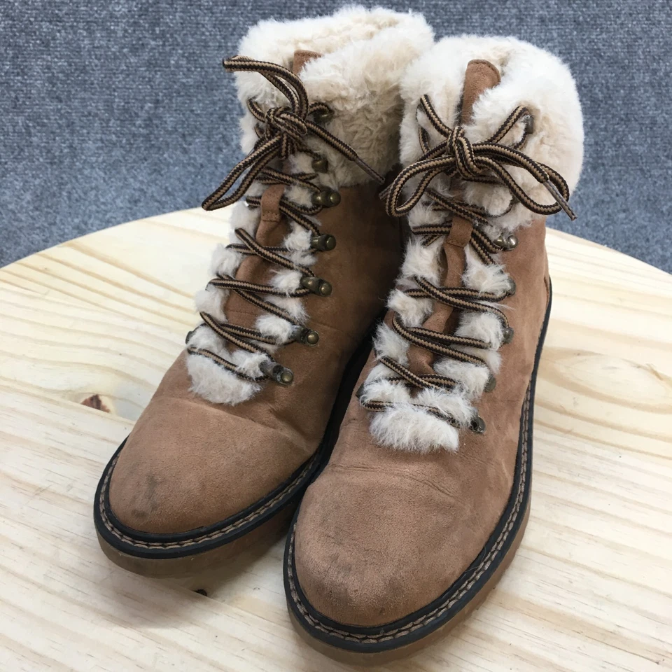 Forever 21 Boots Womens 8 Ankle Hiking Winter Furry Casual Brown Leather Lace Up - Image 4 of 4