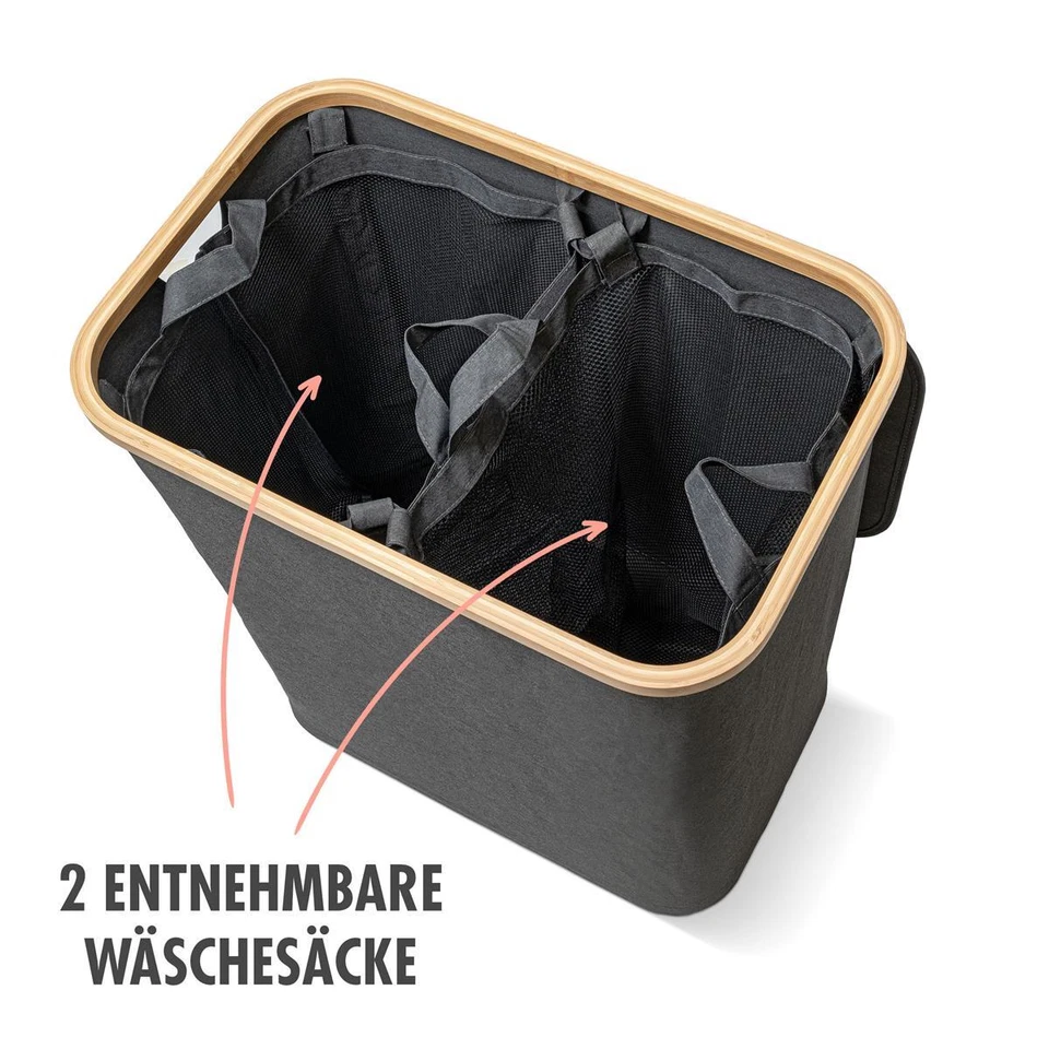 Wäschekorb 140 L mit Deckel 2 Fächer Wäschesack Wäschesammler Bambus Wäschebox - Bild 4 von 4