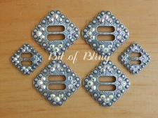 Antique Silver Square Berry Slotted Saddle Concho Set Crystal AB