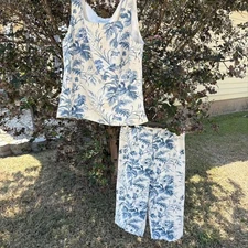 Vintage floral 100% linen top capri 2 pc set-beaded sz 14 fairycore cottagecore