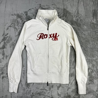 Roxy Jacket Womens Large White Full Zip Mock Neck Embroidered Script Logo Patch