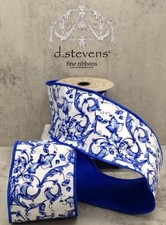 D Stevens Chinoiserie Wired Ribbon, Fine Blue White Satin 4" x 10 Yd - 18 2477