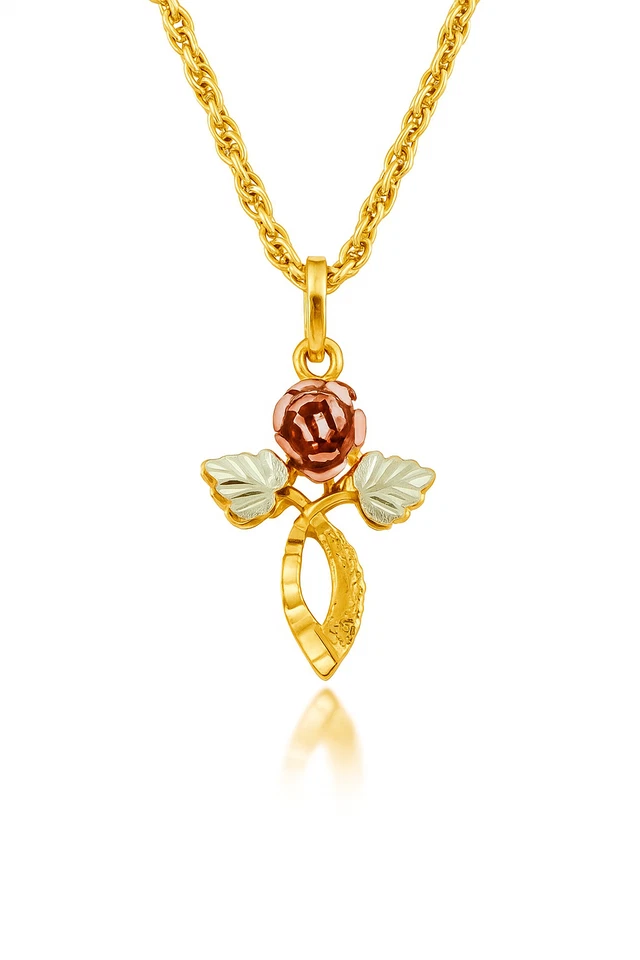 Mt. Colgante Cruz Rushmore Black Hills Oro Mujer Rosa y Hoja Oro Amarillo 10K Foto 2 de 4