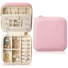 Genuine Leather Travel Jewelry Case Organizer Lychee Grain Leather Pink Purple