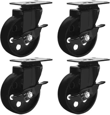 FactorDuty 4 All Black Metal Swivel Plate Caster Wheels 4" With brake, 