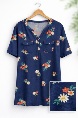 Croft & Barrow Henley Tee Top Size 2x Navy Floral Print Casual Knit Short Sleeve