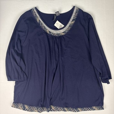 Jason Maxwell Women's 2X Shirt Navy Blue Plaid Trim New Tags Cotton Polyester