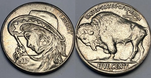 1937 HOBO NICKEL TOKEN COIN PRETTY COWGIRL PISTOL COLLECTION BUFFALO GIFT FREE