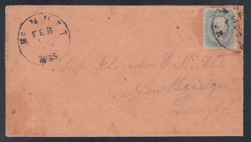 CSA Stamp #11a VF Scarce on Salmon Cover from McNutt, Mississippi 1864 - CV $165