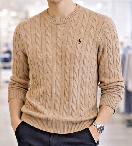 Polo Ralph Lauren Men’s Cotton Cable Knit Crew Sweater Brown Brown Pony Size S-L