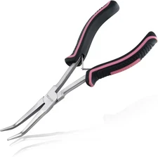 7-Inch Long Reach Bent Needle Nose Pliers Serrated Jaw 7", Black & Pink 