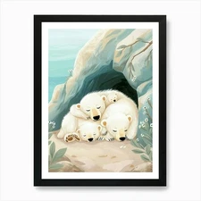 Polar Bear Family Sleeping In A Cav Framed Wall Art Poster Canvas Print Picture
