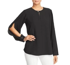 Donna Karan Womens S Black Long Slit Sleeves Button Crew Neck Top NWT