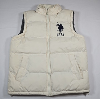 US Polo Assassin USPA Men's Off White Puffer Vest w/ Hidden Hood - Size  M *READ