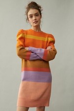 Anthropologie Farm Rio Sweater Dress Stripe Puff Sleeve Colorblock Knit Sz L NEW