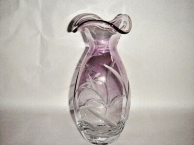LENOX AMETHYST CRYSTAL VASE 9'' RUFFLED ETCHED IRIDESCENT WEIGHTED BASE PURPLE 