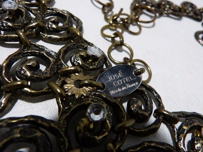 Collier Plastron Vintage Années 80 - Cuir Et Métal Noir - Marque Orena - Occasion