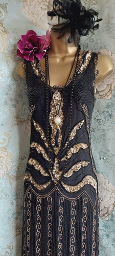 Gatsbylady black gold elsa beaded 20s flapper evening party deco gatsby dress 18 - Picture 4 of 21