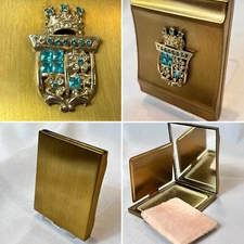 Vtg Compact Blue Clear Rhinestone Crown With Shield Mirrored Powder Box W Puff