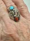 Vintage Old Pawn Turquoise Coral Sterling Silver Feather Ring Sz 7 3/4 Signed D