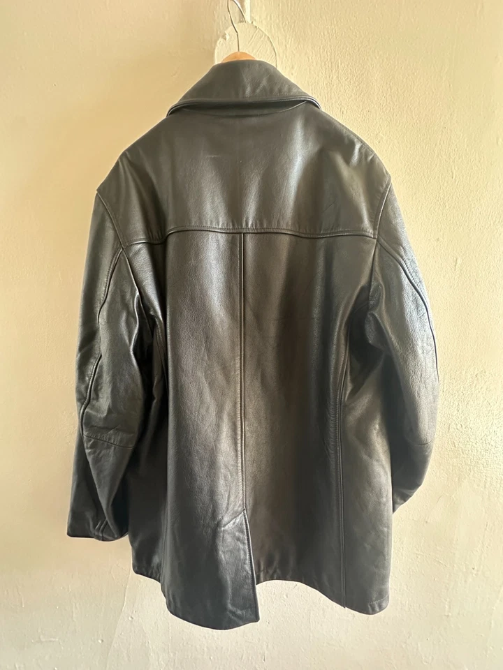Винтажный б/у разрыв черный натуральной кожи Peacoat куртка мужской размер M Y2K - Изображение 2 из 4