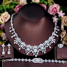 CZ Flower Fringed Earrings Necklace Ring Bracelet White Gold Plated Jewelry Set