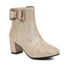 Women's Glitter Bowknot Ankle Boot Shoes Mid Block Heel Round Toe Zipper Party