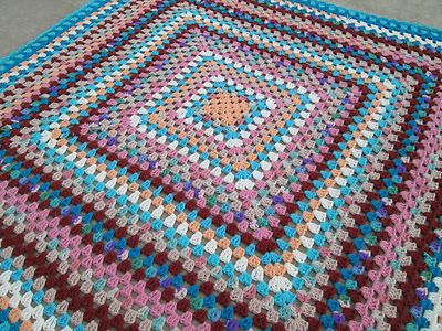 Vintage 56''x56'' Multicolored Shrinking Boxed Squares Crochet Afghan Throw Retro 