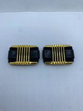 Vintage Bluette Gold Plated Metal  Black Leather Shoe Clips Signed