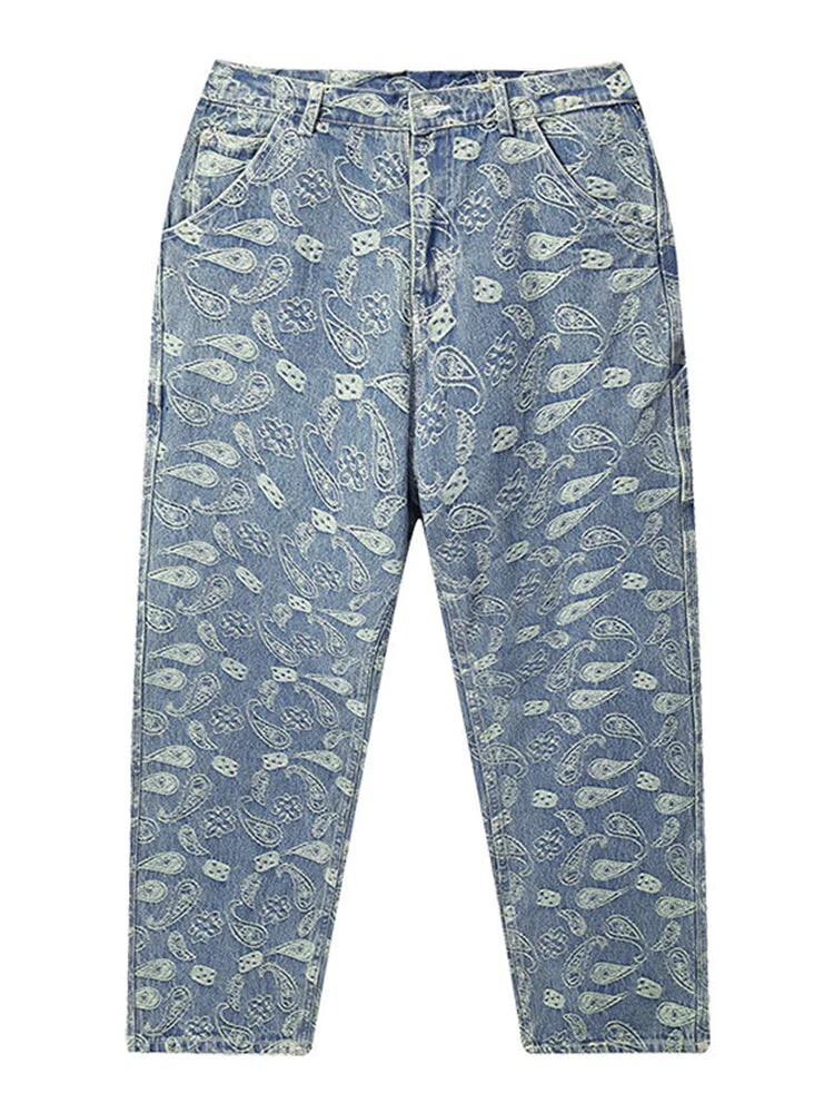 OEYES NWT MENS EMBROIDERY PAISLEY PRINT WIDE LEG JEANS SIZE M