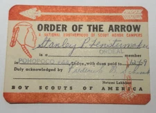 Boy Scout OA Membership Card - Lodge 44 Pohopoco Pennsylvania 1969    RC6
