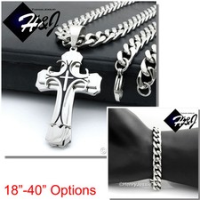 18-40"MEN Stainless Steel 9mm Silver Chain Bracelet Black Plated Cross Pendant H