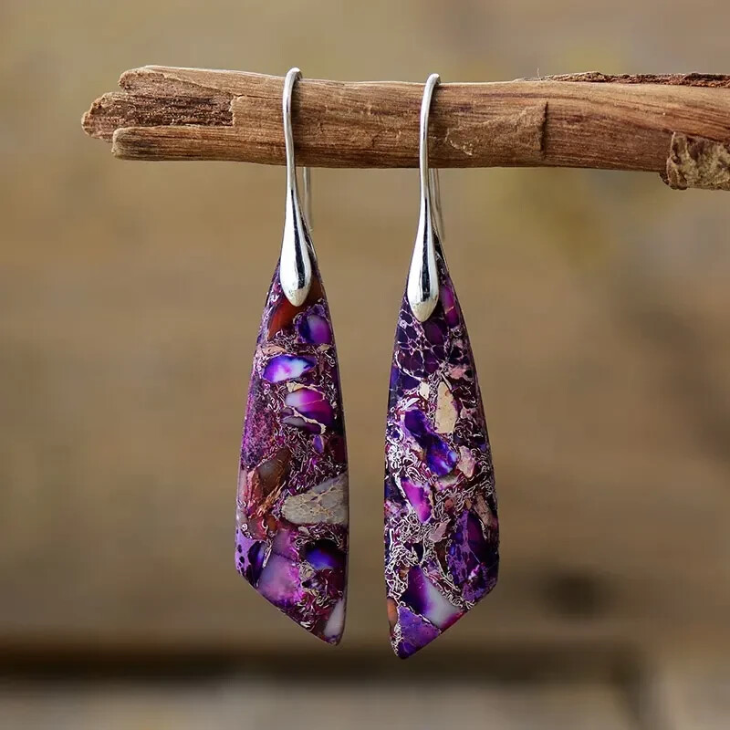 Beautiful Bohemian Jasper Silver plated Stone Leaf Earrings Red, Blue, Green