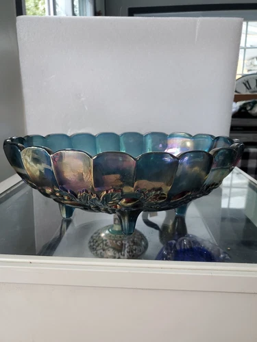 Indiana Blue Carnival Glass Iridescent Harvest Grape Oval Bowl Footed Vintage