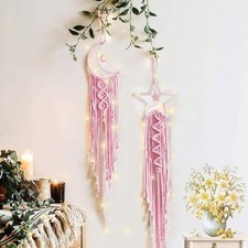Moon Star Dream Catcher Decor,2pcs Boho Home Moon Star Pink