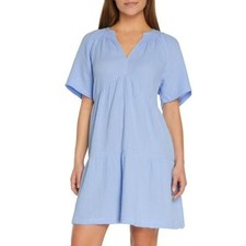 Gap Gauze Tiered Dress M Blue Short Sleeve V-Neck Cotton Mini Cottage Minimalist